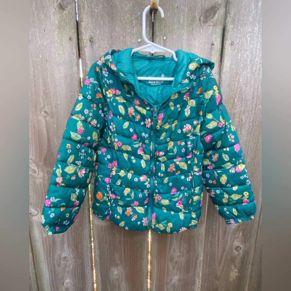 Zara Girl Teal‎ Floral Hood Puffer Jacket Size 7